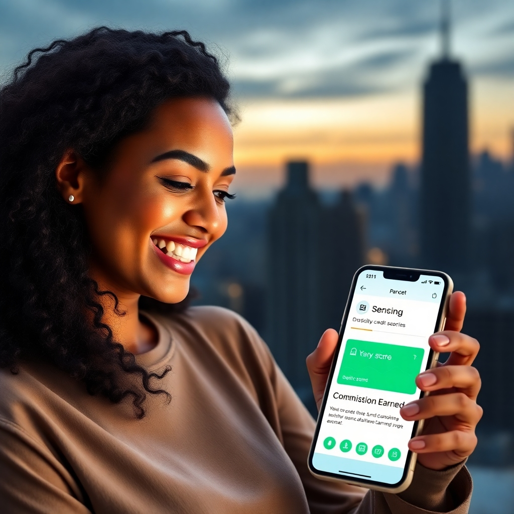  A photorealistic image depicting a person smiling confidently while looking at their smartphone displaying a positive credit score and a notification showing a commission earned. In the background, subtly showcase a cityscape representing success and opportunity. The overall mood should be optimistic and empowering.