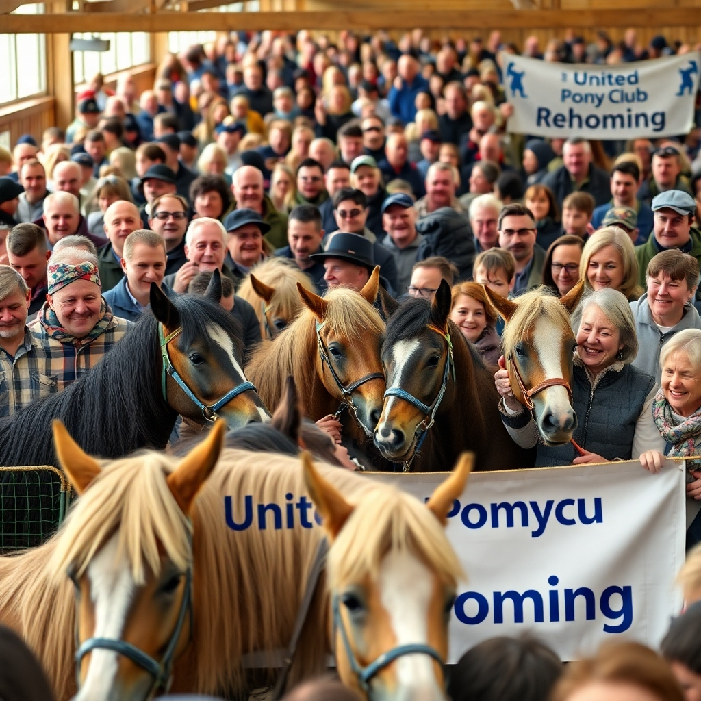 A photorealistic image depicting a lively pony auction with a diverse crowd of people, all smiling and engaged. Focus on the positive interactions between people and ponies, showing a sense of shared purpose and excitement. Include a banner that says 'United Pony Club Rehoming' in a visible location.
