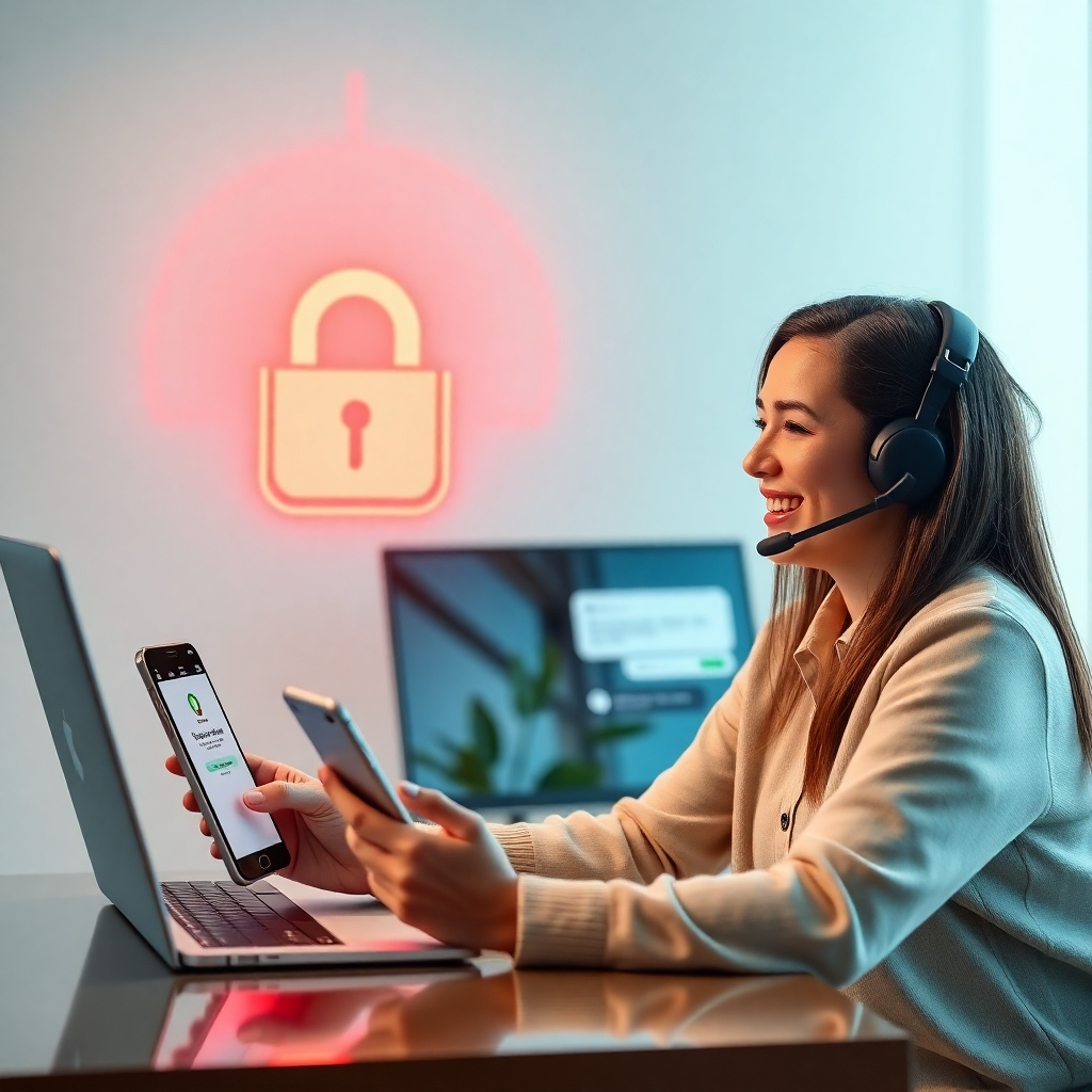 A photorealistic image depicting a secure online transaction process, with a padlock icon and a visual representation of data encryption.  Show a happy customer receiving a notification of a successful sale on a mobile phone, alongside a customer support chat window on a laptop suggesting quick resolution of issues.