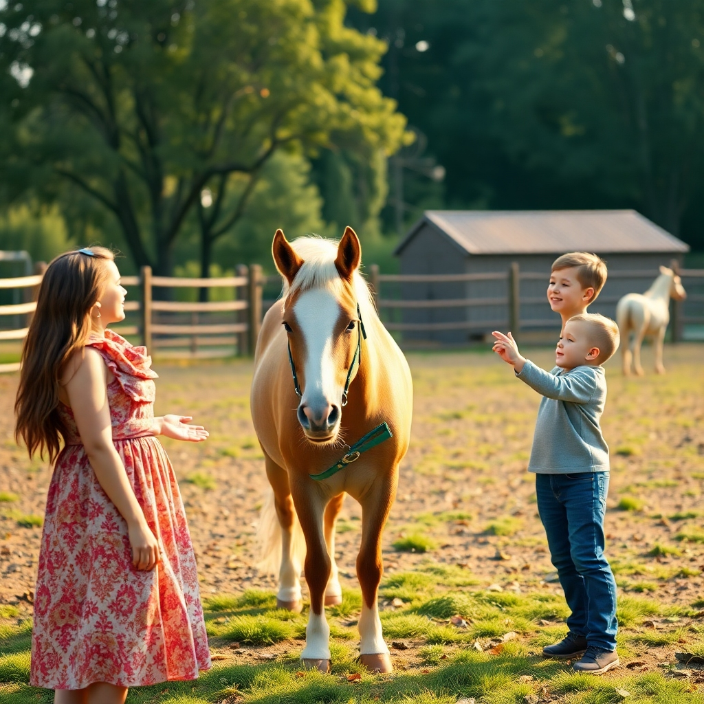  A photorealistic image depicting a happy family interacting with a pony in a spacious, well-maintained paddock. The family should be smiling and interacting gently with the pony. The setting should be peaceful and safe, emphasizing the bond between humans and animals.