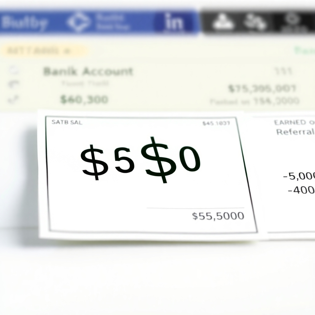 A photorealistic image depicting a bank account statement showing a substantial amount of money earned through successful referrals. This should highlight the financial benefits of the program.