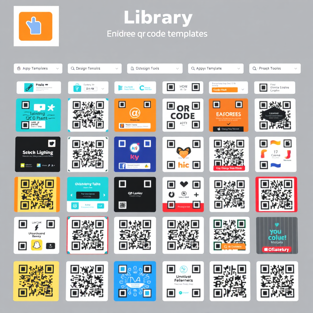 A photorealistic image displaying a diverse library of QR code templates. The image features a grid of various QR code designs, each with unique colors, shapes, and branding elements. The background includes design tools and categorized templates, symbolizing the breadth and convenience of the library. The color palette uses a wide range of colors to showcase the variety of templates. The lighting is soft and even, highlighting the different designs. Angle: Wide shot to showcase the entire template library.