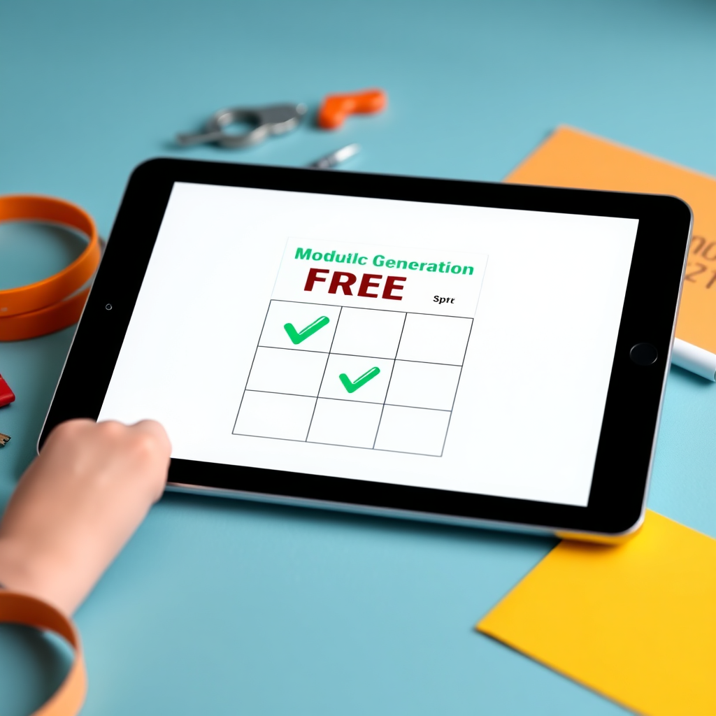 A photorealistic image displaying the concept of free QR code generations. The image features a digital calendar marking three days with a green checkmark, indicating free access to QR code creation. The calendar is displayed on a sleek tablet device, surrounded by design tools and creative elements. The color palette uses bright, friendly colors to convey the ease and accessibility of the platform. The lighting is soft and inviting, highlighting the simplicity and value of the free offer. Angle: Close-up shot of the tablet to showcase the calendar and associated design elements.