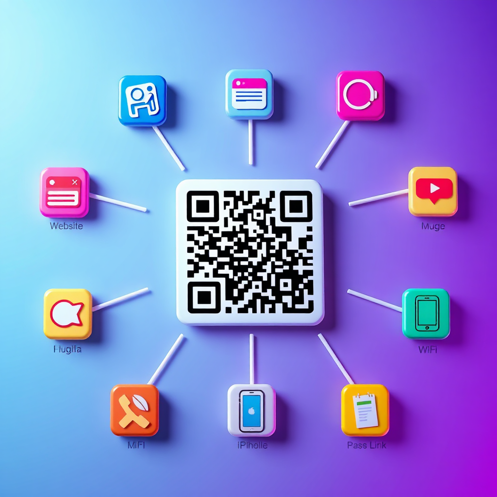 A photorealistic image illustrating the versatile integrations of QR codes. The image features a central QR code surrounded by icons representing various content types, such as a website, social media profiles, a PDF document, an image gallery, a video MP4, a music MP3, a payment link, a phone call, a WiFi password, and an app link. The background includes a gradient that transitions from light blue to deep purple, creating a futuristic and dynamic feel. The color palette is vibrant and diverse, using a wide range of colors to represent the different content types. The lighting is soft and ambient, emphasizing the QR code's clarity and the diverse connections. Angle: Overhead shot to provide a full view of the QR code and its associated content icons.