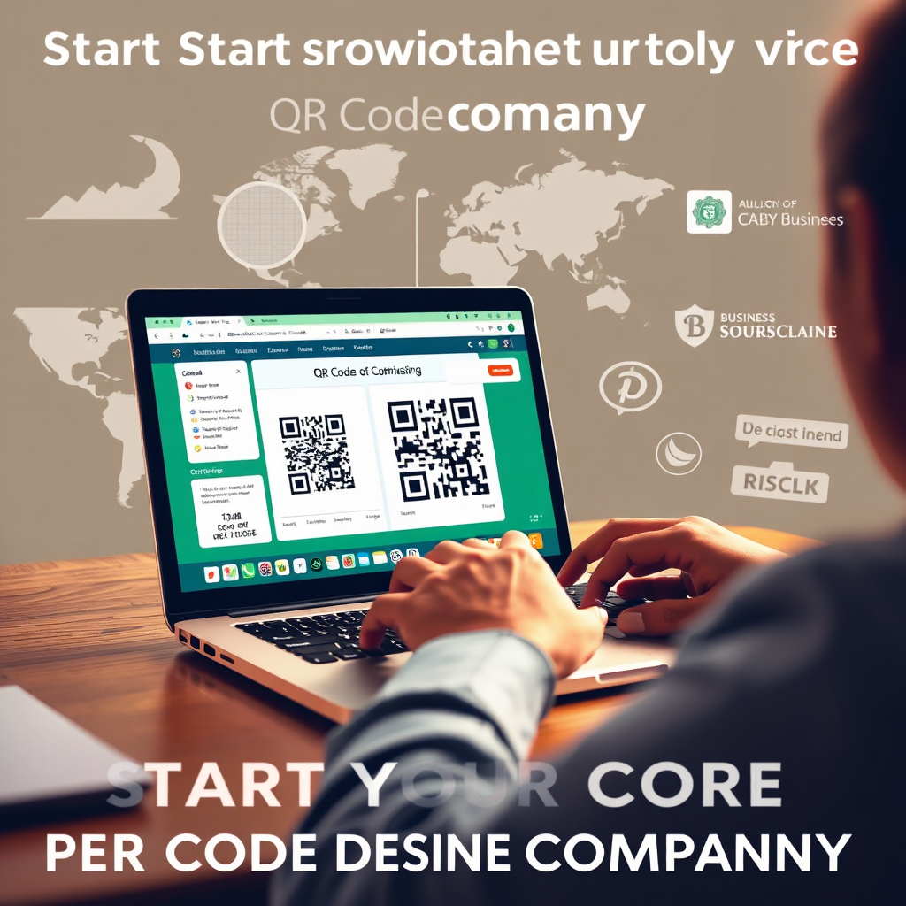 A photorealistic image illustrating the opportunity to start a QR code design company. The image features a person working on a laptop, designing a QR code for a client. The laptop screen displays the QR code design interface, surrounded by branding elements and client feedback. The background includes subtle images of global locations and business logos, symbolizing the global reach and market potential. The color palette is professional and empowering, using greens, blues, and golds to convey success and growth. The lighting is warm and inviting, emphasizing the potential for financial success and business development. Angle: Medium shot to capture the person working on the laptop and the surrounding design elements.