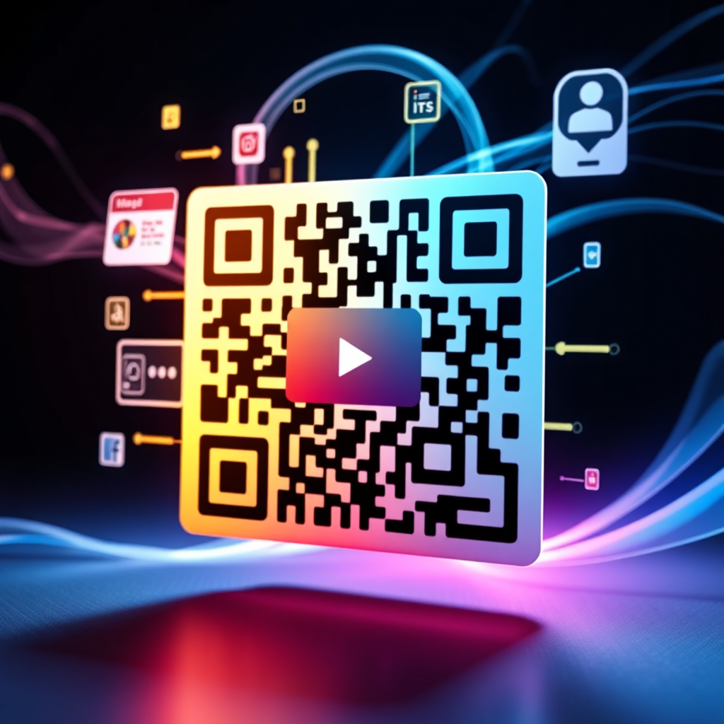 A photorealistic image illustrating the dynamic nature of QR codes. The scene features a QR code morphing smoothly between various digital content, such as a website, a video, and a social media profile. The QR code is the focal point, with digital streams flowing in and out, symbolizing data updates. The color palette is vibrant and dynamic, using gradients and transitions to show the shifting content. The lighting is theatrical and dynamic, highlighting the motion and data exchange. Angle: Medium shot to capture the QR code and the associated digital content.