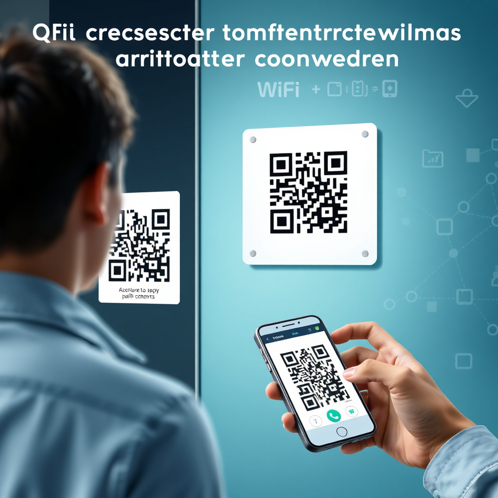 A photorealistic image illustrating QR codes that instantly connect to WiFi networks and download apps. The scene features a person scanning a QR code at a public hotspot to connect to the WiFi, and a person downloading an app by scanning a QR Code from their Mobile Device. The background includes subtle network patterns and app store icons, symbolizing the seamless connectivity. The color palette is modern and efficient, using blues, greens, and whites to convey simplicity and speed. The lighting is soft and ambient, emphasizing the user-friendly experience. Angle: Medium shot capturing the person, the QR code, and the connectivity process.