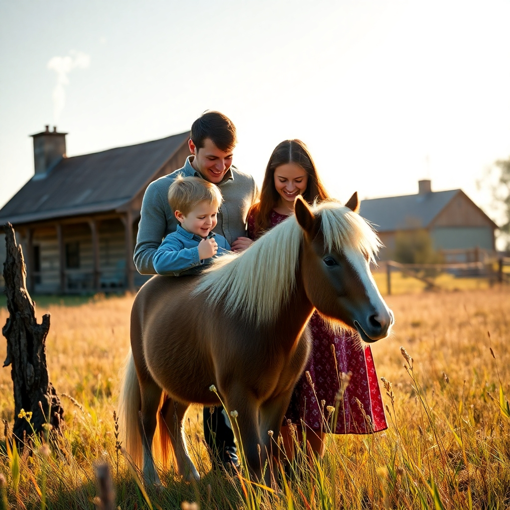 A photorealistic image in 8k resolution with hyperrealistic details.  Depict a family embracing a newly adopted Shetland pony in a sun-drenched meadow. The child is brushing the pony's soft coat. The parents stand lovingly behind them.  The background includes a rustic farmhouse with smoke curling gently from the chimney, conveying a sense of warmth and home. Soft, diffused light creates a nostalgic, comforting atmosphere. The color palette is a blend of earthy tones and pastel shades.  Shot from a slightly elevated angle, providing a comprehensive view of the family interaction with the pony.  The textures are intricately detailed: the smooth, soft coat of the pony; the rough texture of the bark on a nearby tree; and the soft fabrics of the family's clothing. The environment is picturesque and idyllic, enhancing the feeling of a loving, welcoming home.  In the style of heartwarming family photography by Annie Leibovitz. Include subtle details, like wildflowers in the meadow and birds chirping overhead, suggesting tranquility and happiness. The mood is joyful, tender, and full of hope, conveying the successful rehoming of the Shetland Pony.  Capture the emotional connection between the pony and its new family.