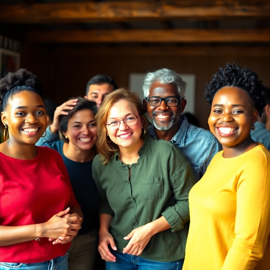  A photorealistic image of a diverse group of people smiling and celebrating their financial success. This could be at a casual gathering, showcasing the community aspect of the program. The setting should be positive and upbeat.