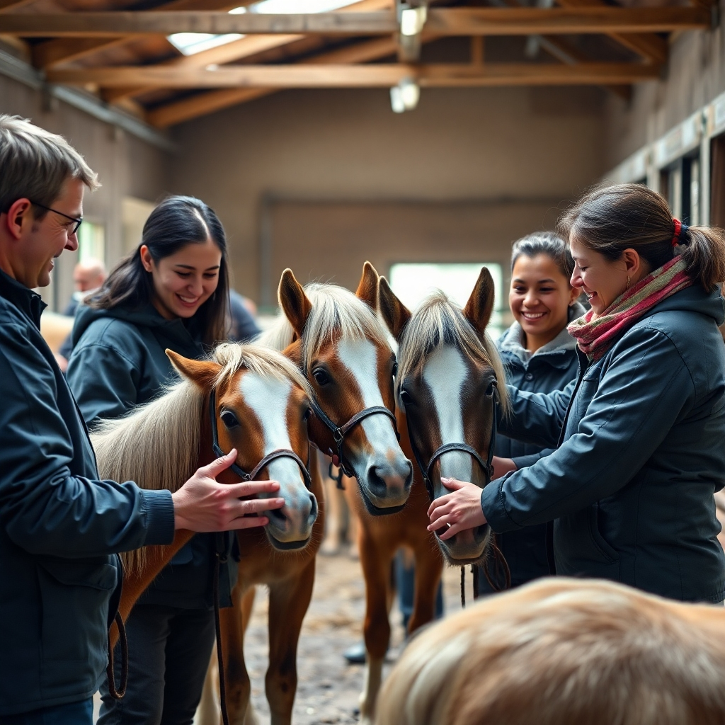  A photorealistic image of a friendly, knowledgeable team of people working together in a stable environment. They are interacting with ponies, showing kindness and attentiveness. The image should convey a sense of expertise and genuine care for the animals.