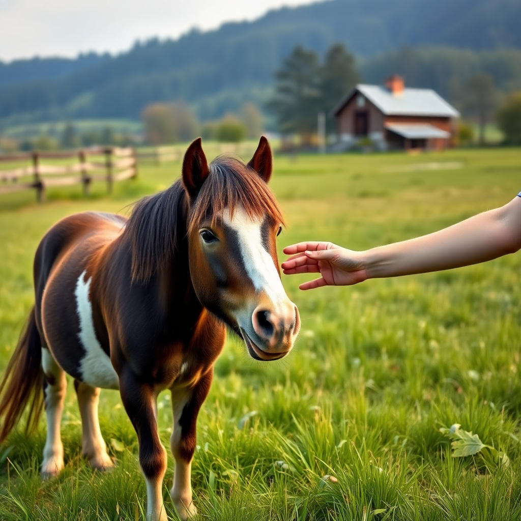 A photorealistic image of a happy pony grazing in a lush green pasture, with a kind-looking human gently stroking its mane. The background should show a well-maintained paddock with a rustic wooden fence and a charming farmhouse in the distance. The overall mood should be peaceful and heartwarming, showcasing the bond between pony and human.