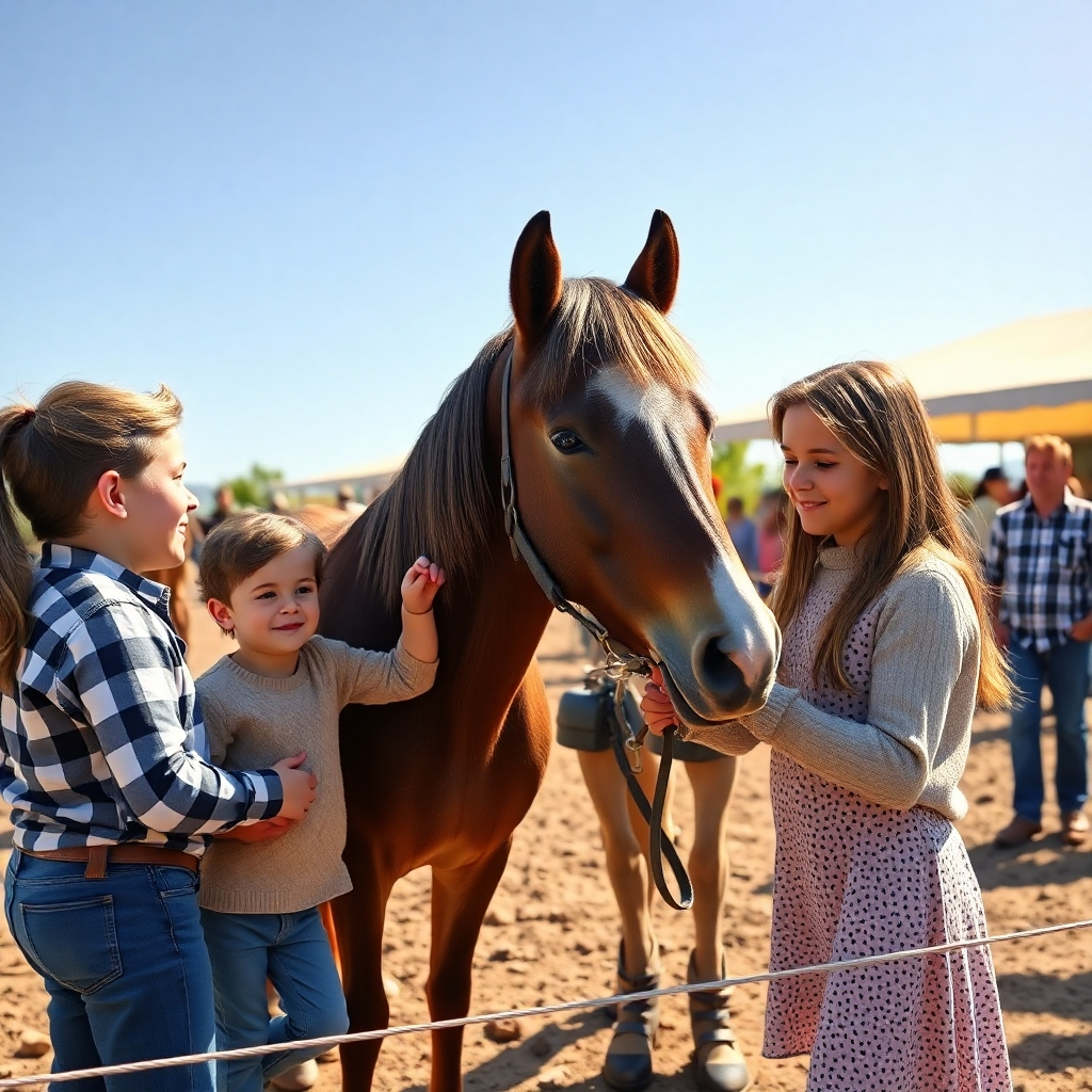 A photorealistic image of a heartwarming scene at a sunny outdoor pony auction. A happy family is interacting with a well-groomed pony, with other ponies and onlookers in the background, conveying a sense of community and joyful adoption. The image should have a bright, warm color palette and a shallow depth of field focusing on the family and pony.