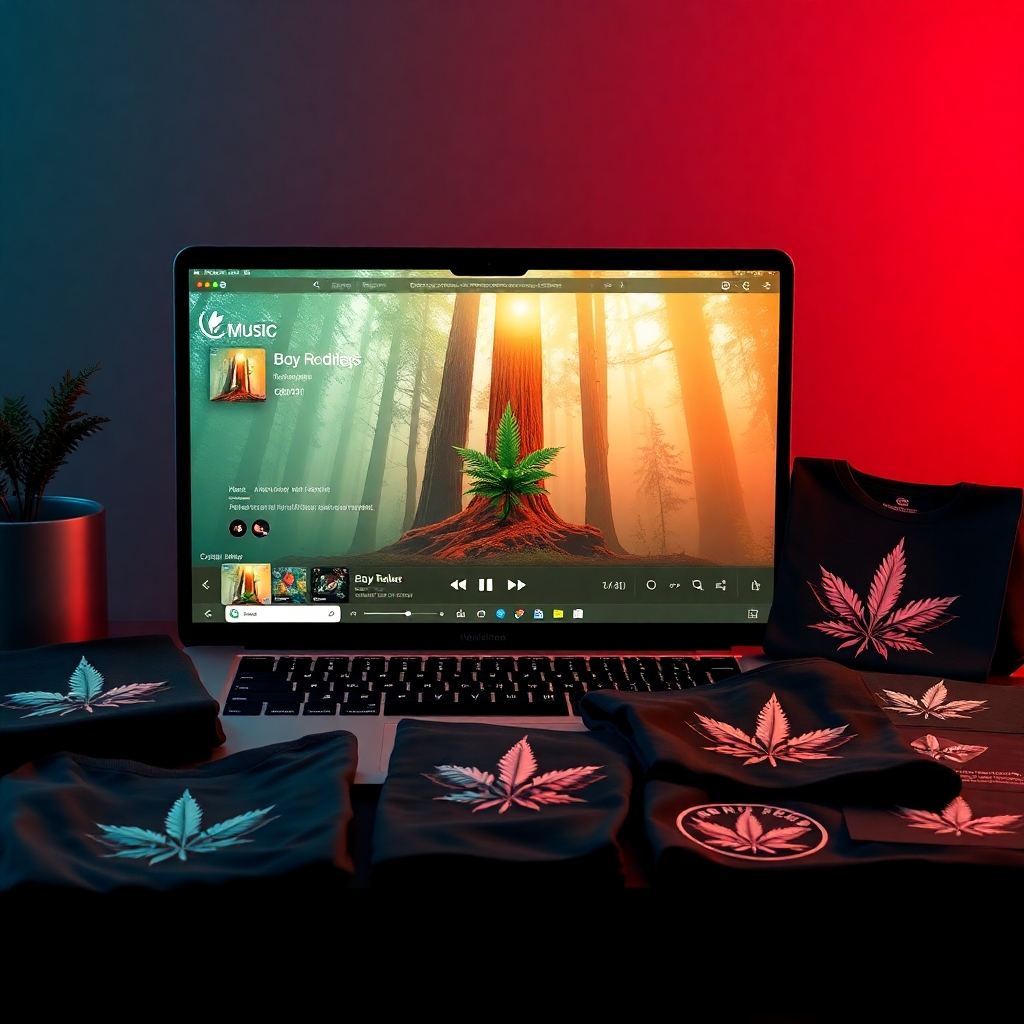 A photorealistic image of a laptop computer displaying a music streaming platform, with an album cover featuring a redwood forest and a cannabis plant. The image should also include a variety of physical merchandise such as t-shirts, posters, and stickers, all bearing the same album artwork.
