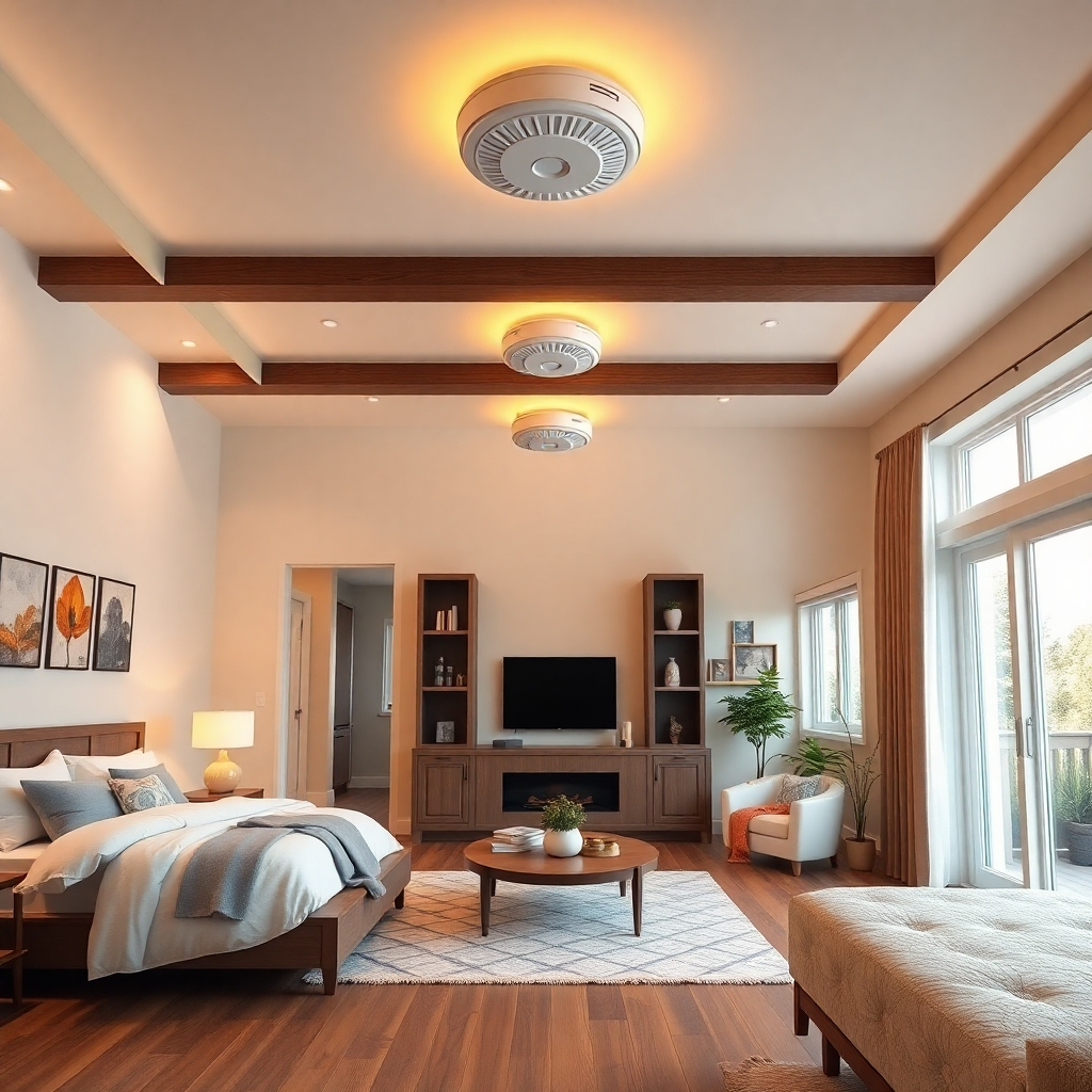 A photorealistic image of a modern family home interior, showcasing clearly visible smoke alarms on the ceiling in each room, including bedrooms and hallways.  The image should have a warm, inviting lighting, emphasizing the feeling of safety and security. The smoke alarms should be aesthetically integrated and not look out of place.