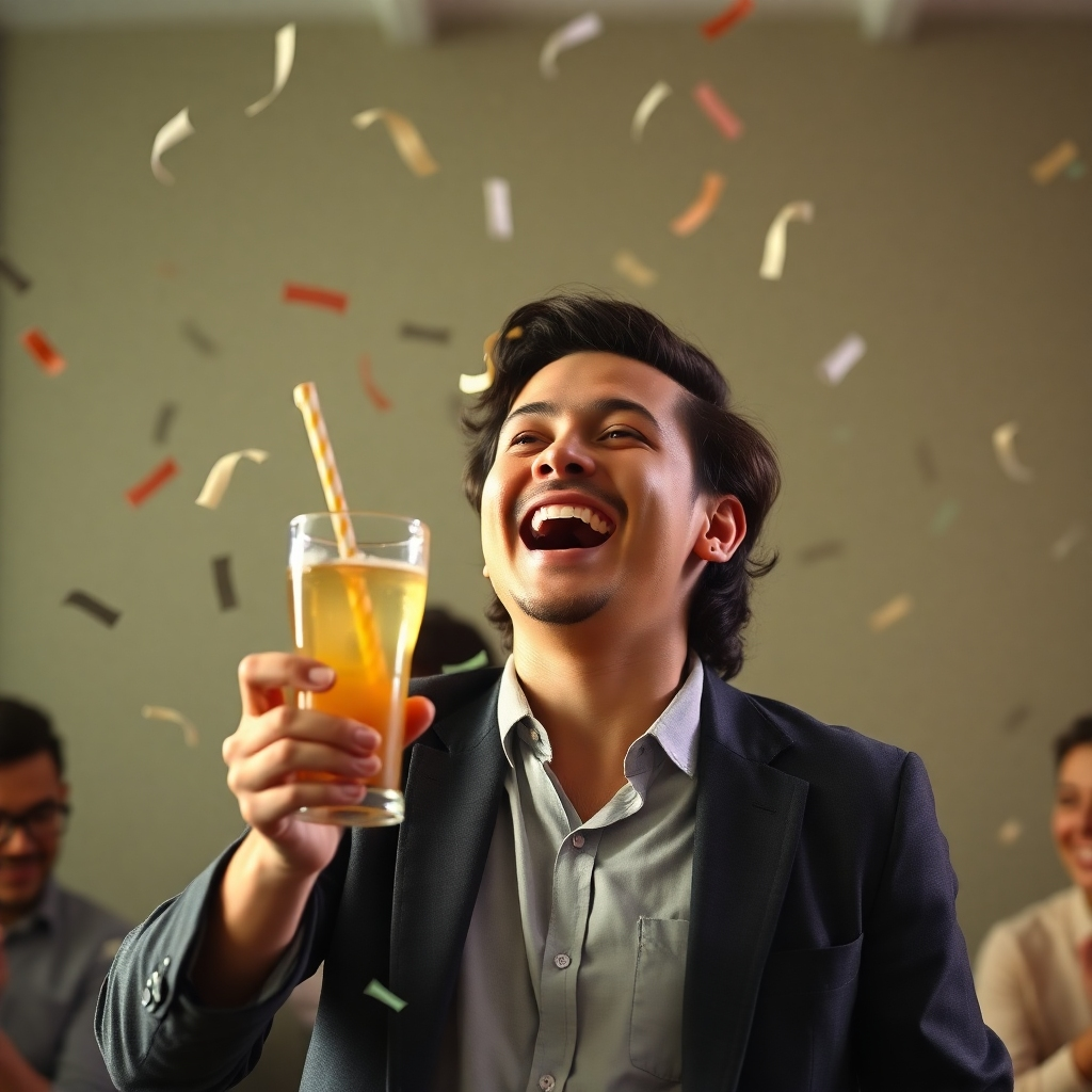 A photorealistic image of a person celebrating their financial success. This could be represented through confetti, a celebratory drink, or other visuals associated with achievement. The background could include subtle hints of positive financial indicators.