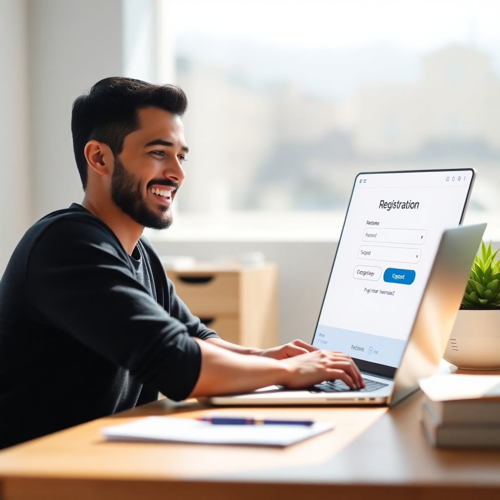 A photorealistic image of a person smiling while sitting at a laptop, easily filling out an online registration form on a website with a clean and modern design. The website should clearly show a registration button and progress bar.  The background should be bright and airy, suggesting ease and simplicity.