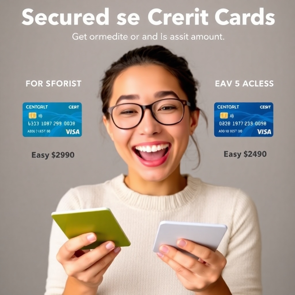  A photorealistic image of a person happily reviewing a range of secured credit cards with varying low deposit amounts, focusing on affordability and ease of access.