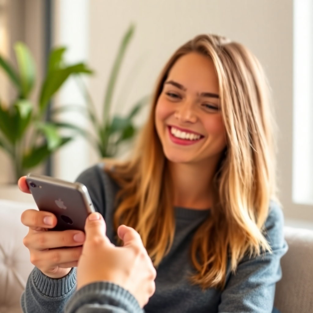  A photorealistic image of a person happily navigating a simple user interface on a mobile device, showing the steps involved in the referral process. The interface should appear clean and intuitive.