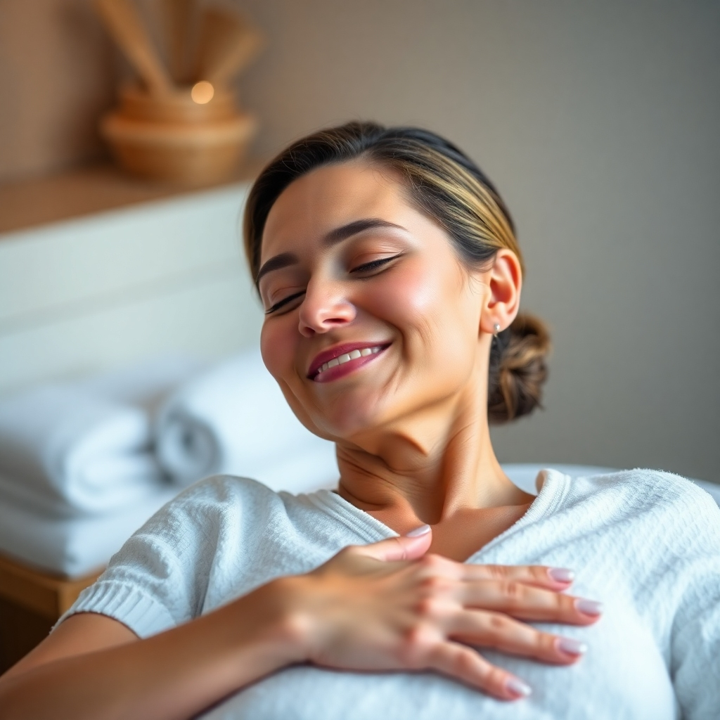A photorealistic image of a serene, smiling mother receiving a relaxing massage in a spa-like setting. Soft lighting, calming colors, and visible expressions of peace and tranquility. High-definition, detailed textures, focus on the mother's face and hands.
