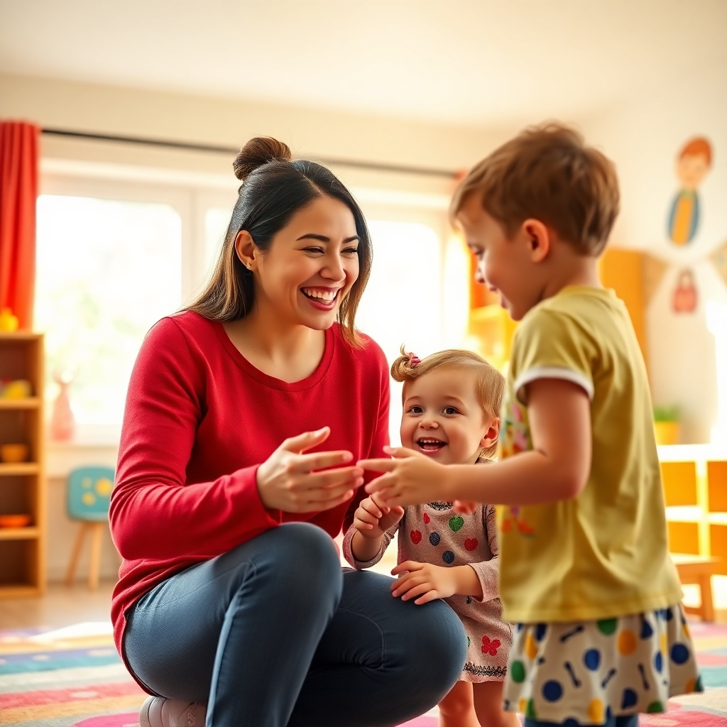 A photorealistic image of a smiling nanny interacting playfully with two happy children aged 3-5 in a bright, colorful, and safe playroom. Natural light streams through a large window. The scene should exude warmth, trust, and a sense of joyful interaction. High-resolution, detailed, and vibrant colors are desired.