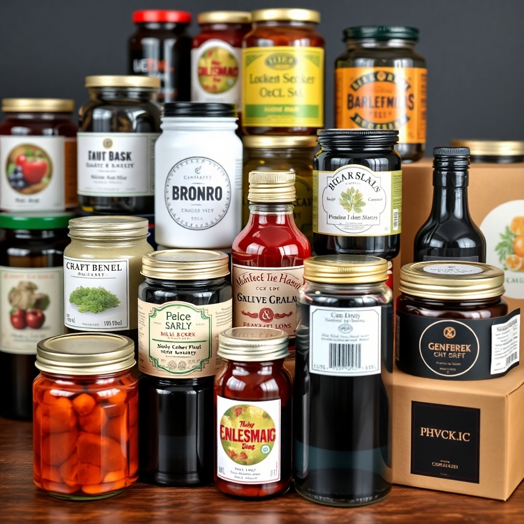 A photorealistic image of a variety of custom labels affixed to different products, such as jars, bottles, and boxes. The labels should showcase various designs, colors, and sizes, highlighting the versatility and customizability of the service.  The image should focus on the quality and clarity of the labels.