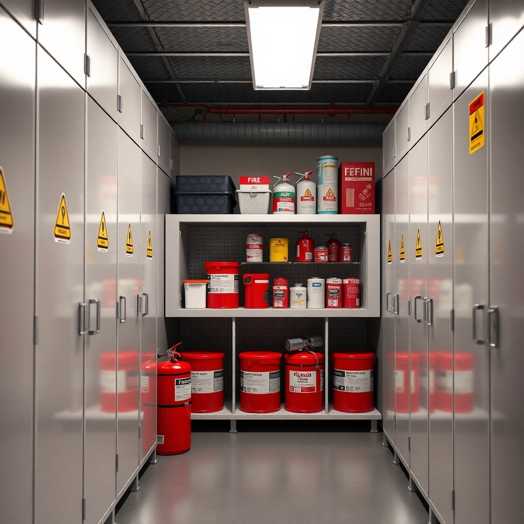 A photorealistic image of a well-organized storage room in a commercial setting, showcasing flammable materials safely stored in fire-resistant cabinets, clearly labeled with warning signs. The image should be well-lit, clean, and orderly, emphasizing safety and compliance.  Include safety equipment like fire extinguishers.