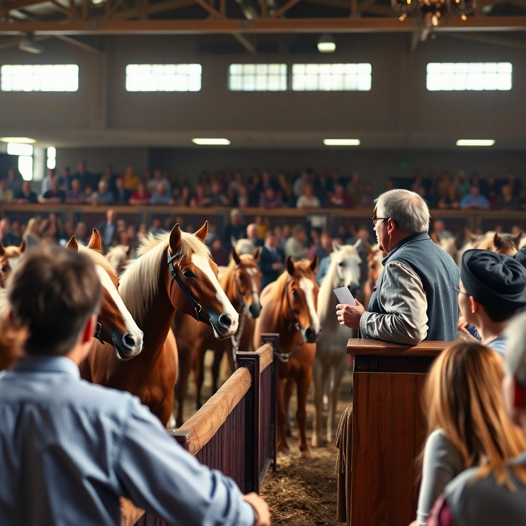 A photorealistic image of an auctioneer leading a spirited live auction for ponies. The image should capture the energy and excitement of the bidding process while maintaining a focus on the well-being of the ponies. Show a clear view of the auction block with several ponies visible, and diverse bidders actively participating.