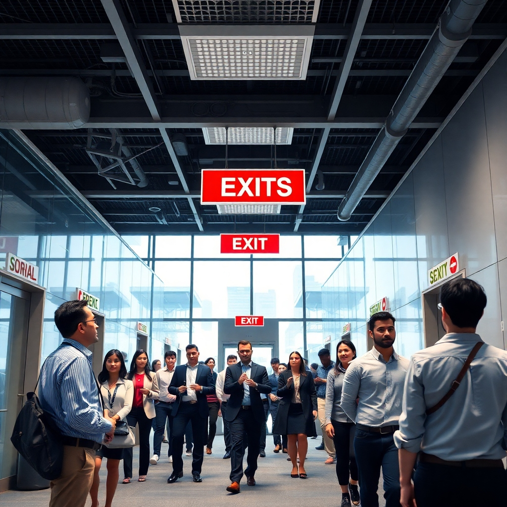 A photorealistic image of employees participating in a fire drill in a modern office building.  Show clear signage, emergency exits, and people calmly evacuating. Emphasize a sense of order and preparedness. The image should be bright, well-lit, and have a professional feel. Include diverse group of employees.