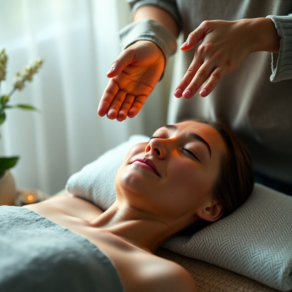 A photorealistic image showcasing a Reiki session. The setting should be peaceful and calming, perhaps with soft lighting and natural elements. The practitioner's hands should be hovering gently above the recipient, who appears relaxed and serene.  High resolution, detailed, soft lighting, focus on the energy flow and peaceful expression of the recipient