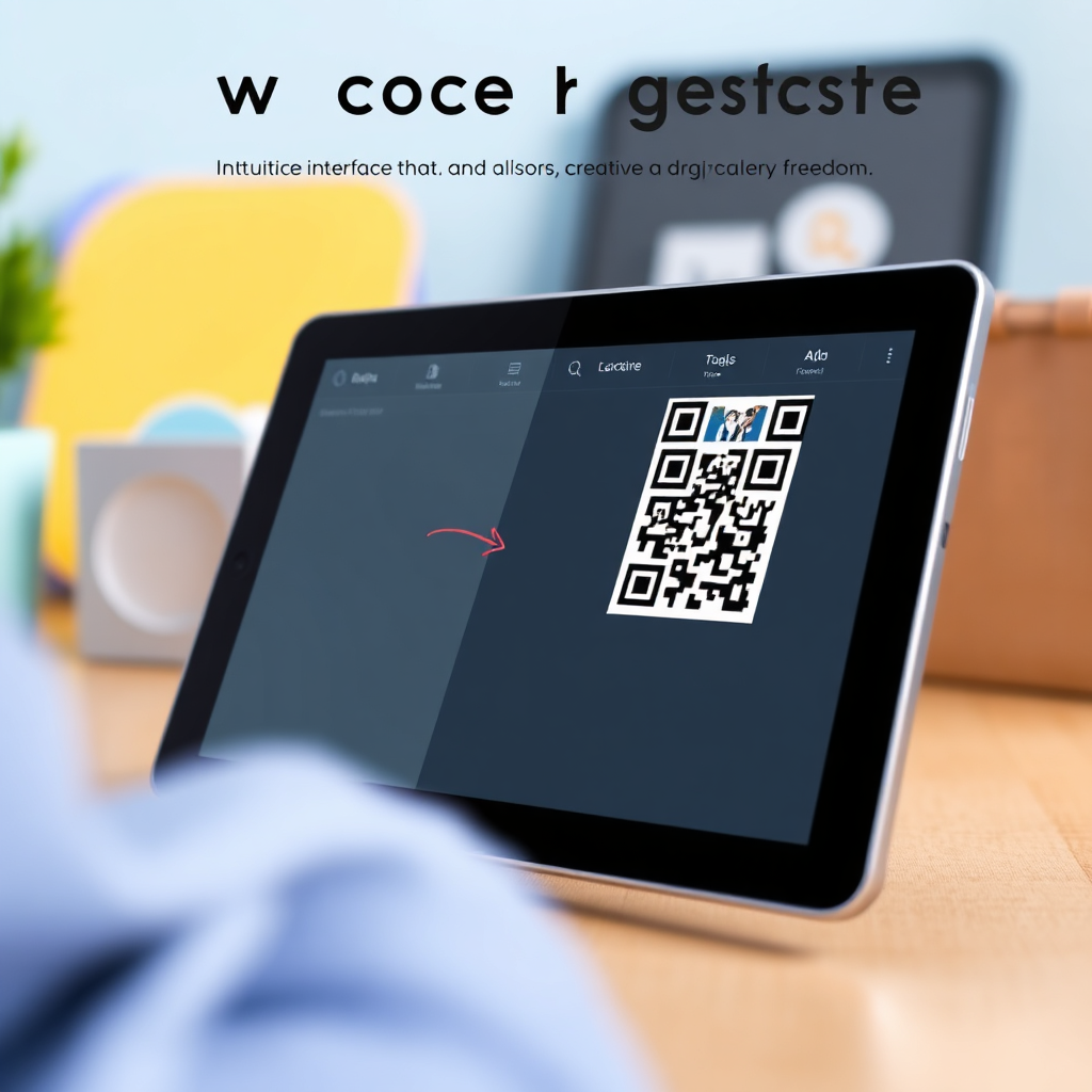 A photorealistic image showcasing the intuitive interface of the QR code designer. The scene features a tablet displaying the design interface, with clearly labeled tools and drag-and-drop functionality. The background includes subtle design elements and creative icons, symbolizing ease of use and creative freedom. The color palette uses friendly and inviting colors to promote accessibility. The lighting is soft and inviting, highlighting the simplicity and ease of use. Angle: Close-up shot of the tablet to showcase the design interface.