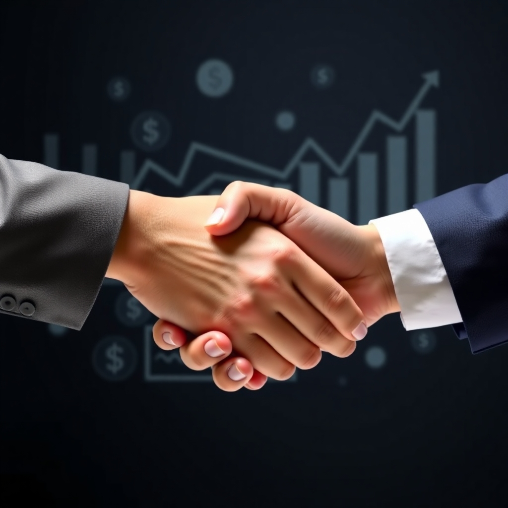  A photorealistic image showcasing two hands shaking on a deal, symbolizing the partnership between the member and the company. In the background, subtly incorporate elements related to credit scores and income generation, such as graphs and currency symbols.