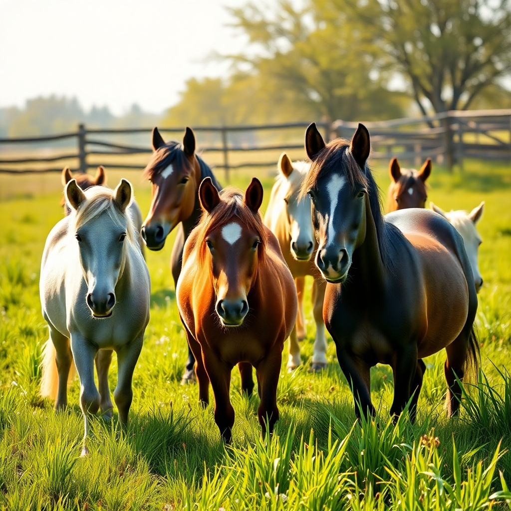  A photorealistic image showcasing a diverse group of ponies in a lush green paddock. Ponies should vary in size, color, and breed, some appearing calm and others playful. The background should be a sunny, idyllic countryside setting with a rustic fence.