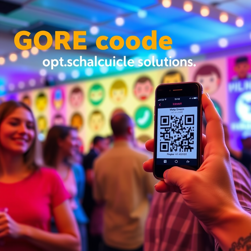 A photorealistic image showcasing QR code solutions for personal use. The scene features a person at a social event, sharing their contact information and social media profiles via a personalized QR code. The background includes vibrant colors, friendly faces, and social media icons, symbolizing the ease and connectivity of personal QR codes. The color palette uses bright and cheerful colors to convey social interaction and personal expression. The lighting is soft and inviting, emphasizing the user-friendly experience. Angle: Medium shot capturing the person and their QR code interaction.