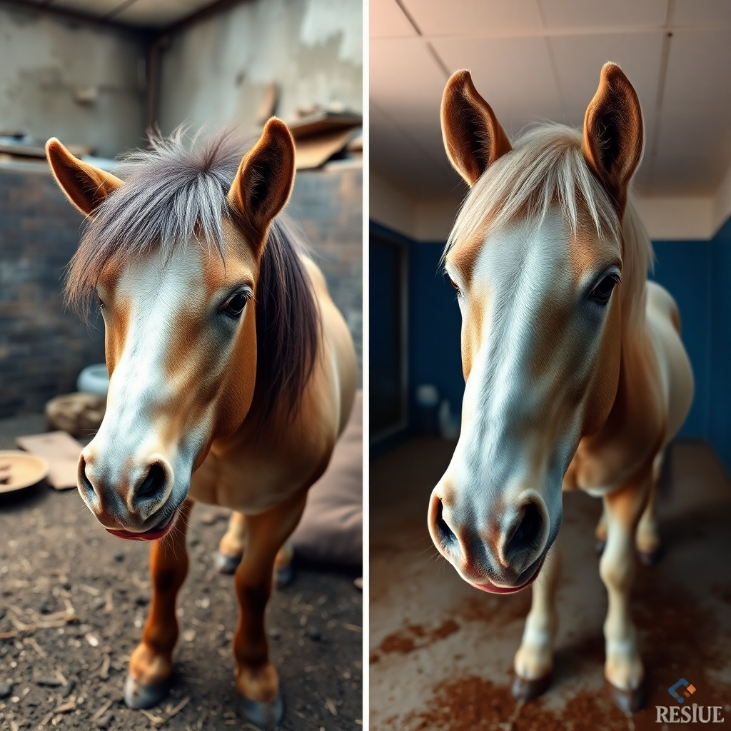 A photorealistic image showcasing the transformation of a neglected pony. The left side shows a malnourished pony with dull coat in a poorly maintained space. The right side displays the same pony, now healthy, with a shiny coat in a clean, well-maintained environment.  The image emphasizes the positive impact of rescue and rehabilitation.