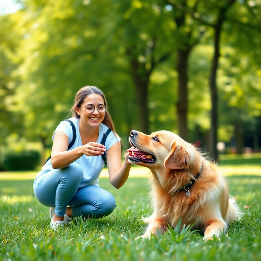 A photorealistic image showcasing a friendly pet sitter attentively playing fetch with a golden retriever in a lush green park on a sunny day. The scene emphasizes the bond between the pet sitter and the dog. The background should be slightly blurred to focus on the interaction. High resolution, detailed, and sharp focus on the dog and pet sitter.