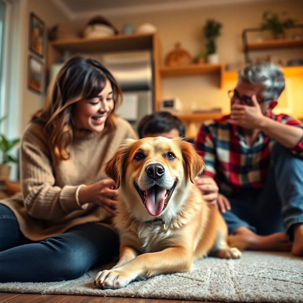 A photorealistic image showcasing a family enjoying quality time together at home.  The scene includes a pet dog playing happily near a child and a parent. The background shows signs of a well-cared-for home; a neatly organized space with warm lighting.  The mood is cheerful, and the family members are interacting with each other with joy.