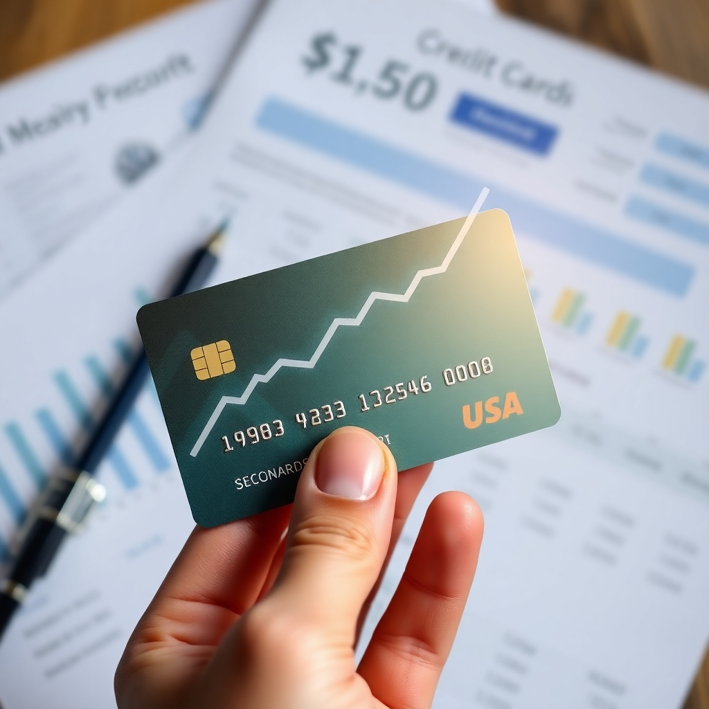  A photorealistic image showing a hands holding a secured credit card, with a subtle overlay of upward-trending graphs illustrating improved credit and increasing income. The background could showcase financial documents, representing security and stability.