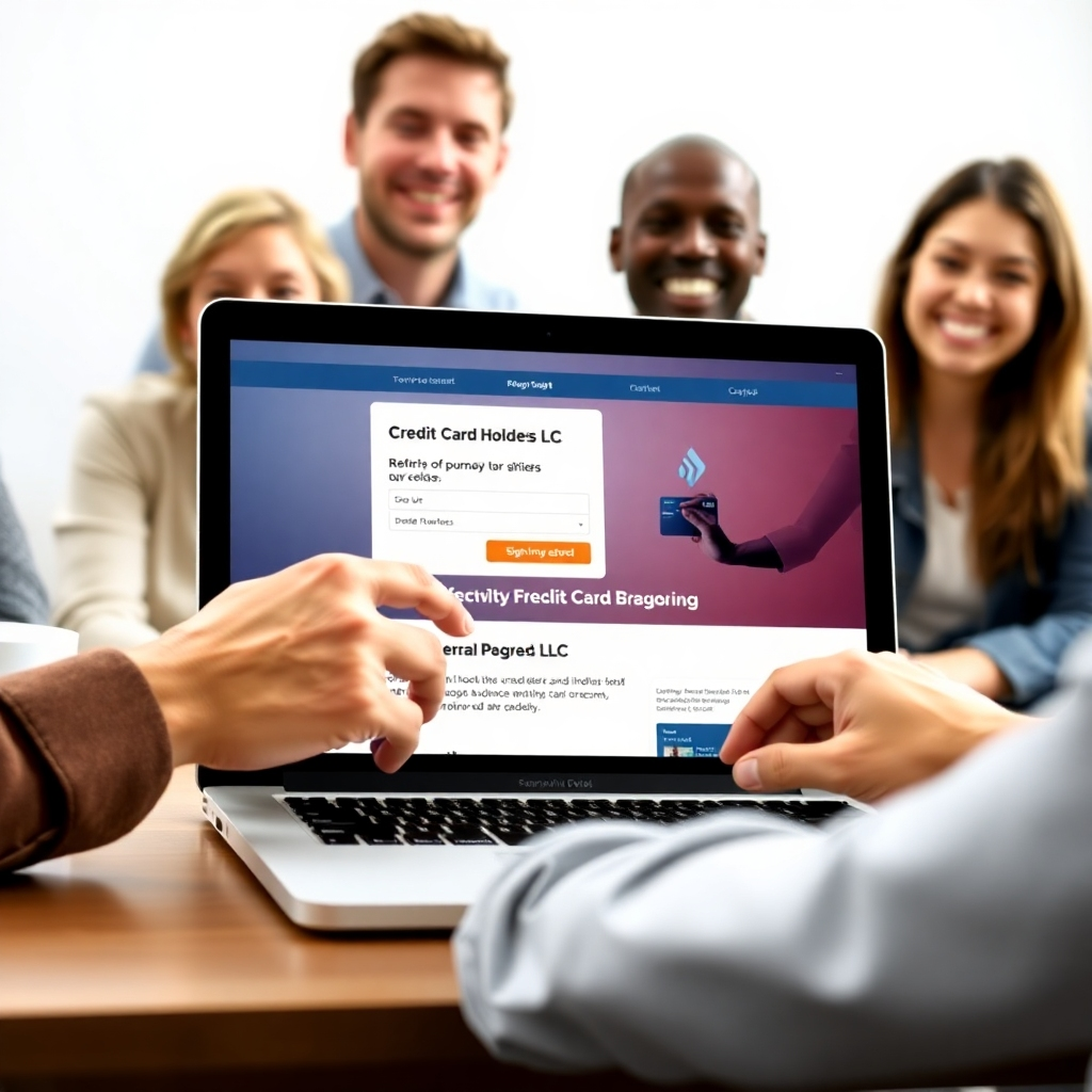 A photorealistic image showing a person happily signing up on a laptop. The webpage displayed should prominently feature the Credit Card Holders LLC logo and information about the referral program. The background could show other people smiling happily, emphasizing the community aspect.