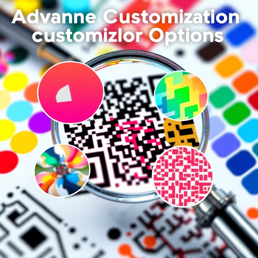 A photorealistic image visualizing advanced customization options. The image features a magnified view of a QR code, with close-ups of various customizable elements, such as colors, shapes, and patterns. The background includes design tools and color palettes, symbolizing the vast range of customization options. The color palette uses vibrant and dynamic colors to showcase the creative possibilities. The lighting is bright and detailed, emphasizing the intricate design elements. Angle: Close-up shot of the QR code and its customization options.