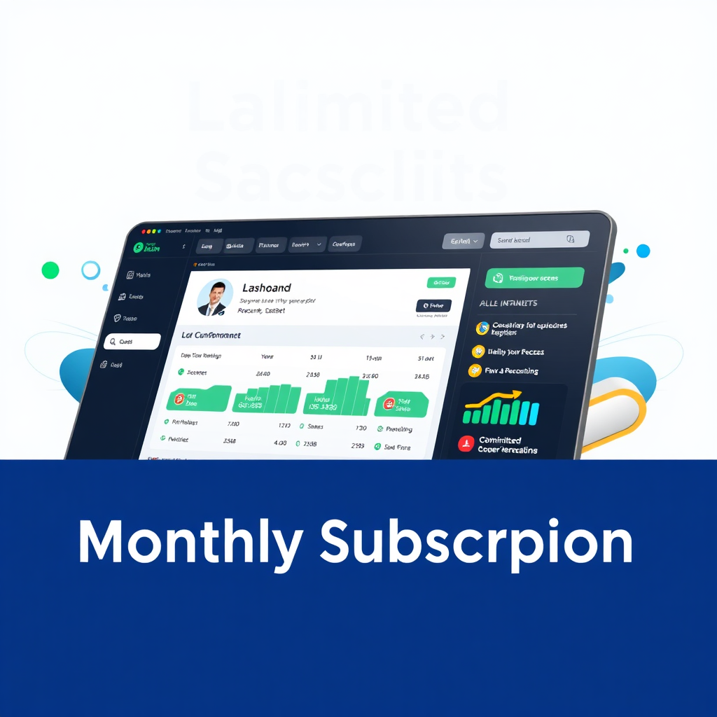 A photorealistic image visualizing the benefits of a monthly subscription. The image features a stylized dashboard interface displaying a user's account information, with clear indications of unlimited QR code generations and access to premium features. The background includes dynamic design elements and progress bars, symbolizing continuous access and enhanced functionality. The color palette is professional and sophisticated, using blues, greens, and golds to convey value and exclusivity. The lighting is bright and clean, emphasizing the clarity and features of the subscription package. Angle: Slightly angled shot to provide a full view of the dashboard interface.