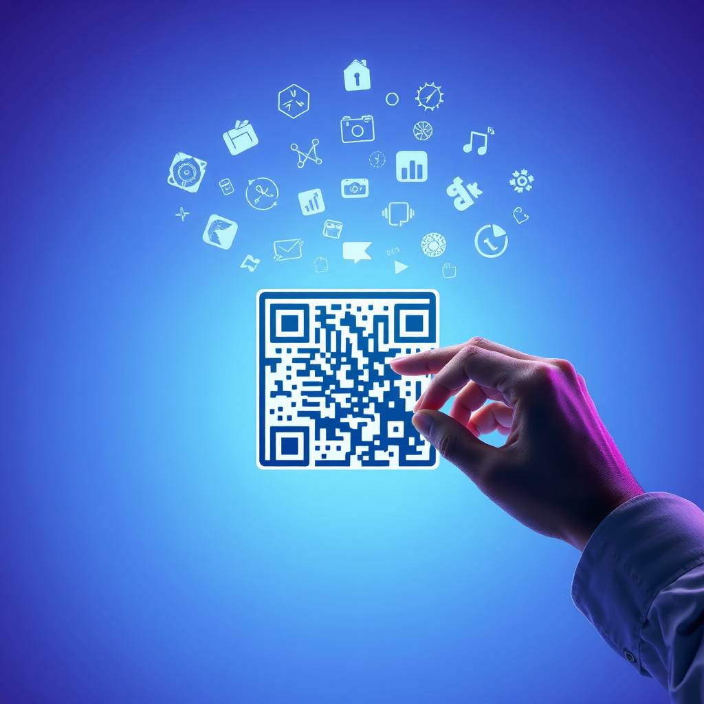 A stylized 4K image representing QR Dezigner's mission. The scene features an artist's hand elegantly placing the final pixel to complete a QR Code, above the QR Code are many symbols, images and logos hovering. The image should evoke creativity and precision. The background features a gradient that transitions from light blue to deep purple, creating a futuristic and dynamic feel. The QR Code should be crisp and visually pleasing. Lighting should be soft and ambient, emphasizing the QR Code's clarity and the artist's focused expression. This is to symbolize the ease of using our platform for all your QR Code Designs.