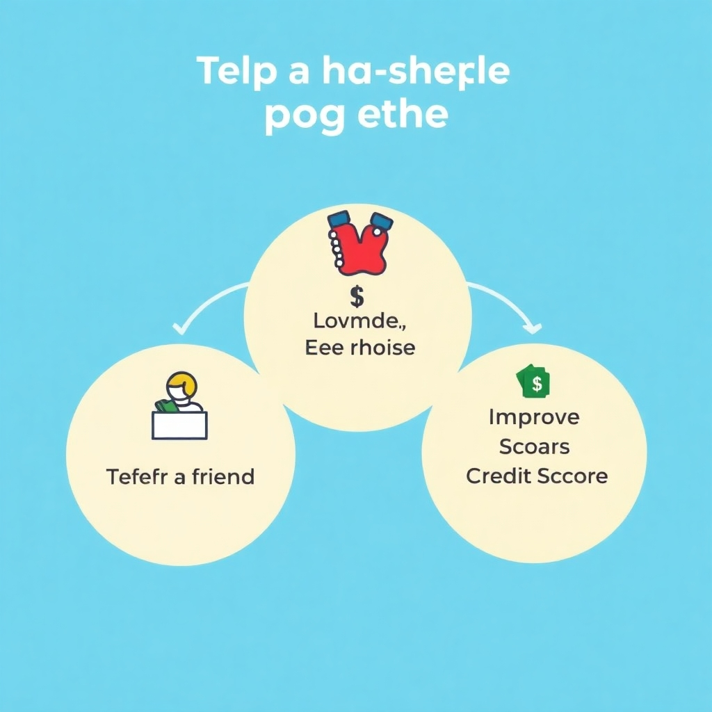  A stylized illustration showing a simple, three-step process: 1. Refer a friend; 2. Earn income; 3. Improve Credit Score. Each step should be visually appealing with bright, clear icons and concise text. The style should be clean and modern.