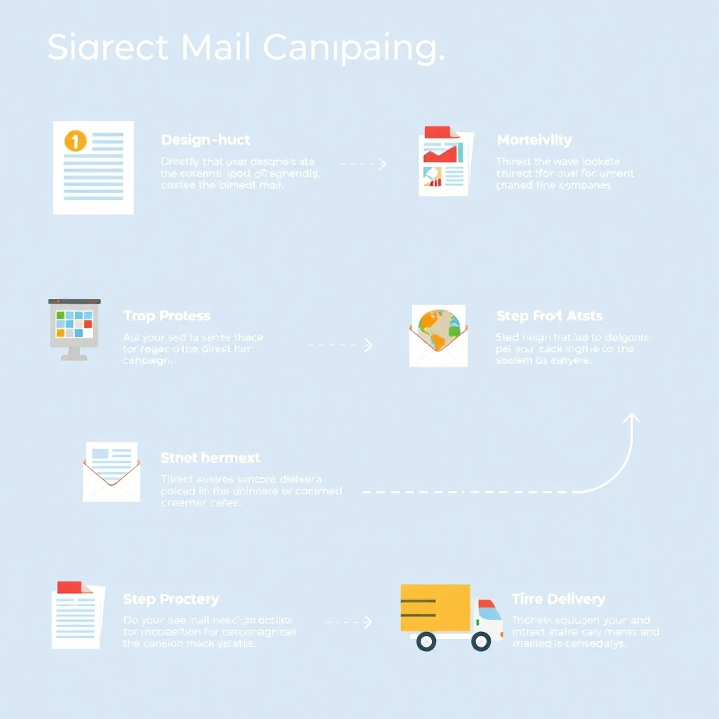 A stylized illustration showing the entire process of a direct mail campaign, from the design phase through to delivery.  The style could be a clean, modern infographic with icons and text to clearly showcase each step in the process. The colors should be bold and easily readable.