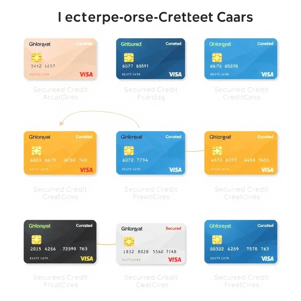  A stylized image depicting a variety of secured credit cards with highlighted features, emphasizing choices and benefits. The overall mood should be one of decision-making and positive outcomes.