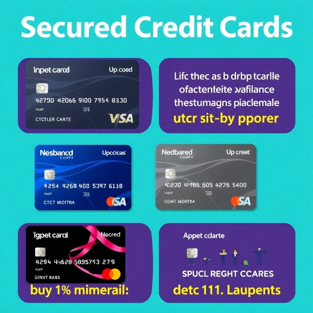  A stylized image showcasing several secured credit cards with attractive offers and low deposit requirements. Use visual cues to clearly display the available options.
