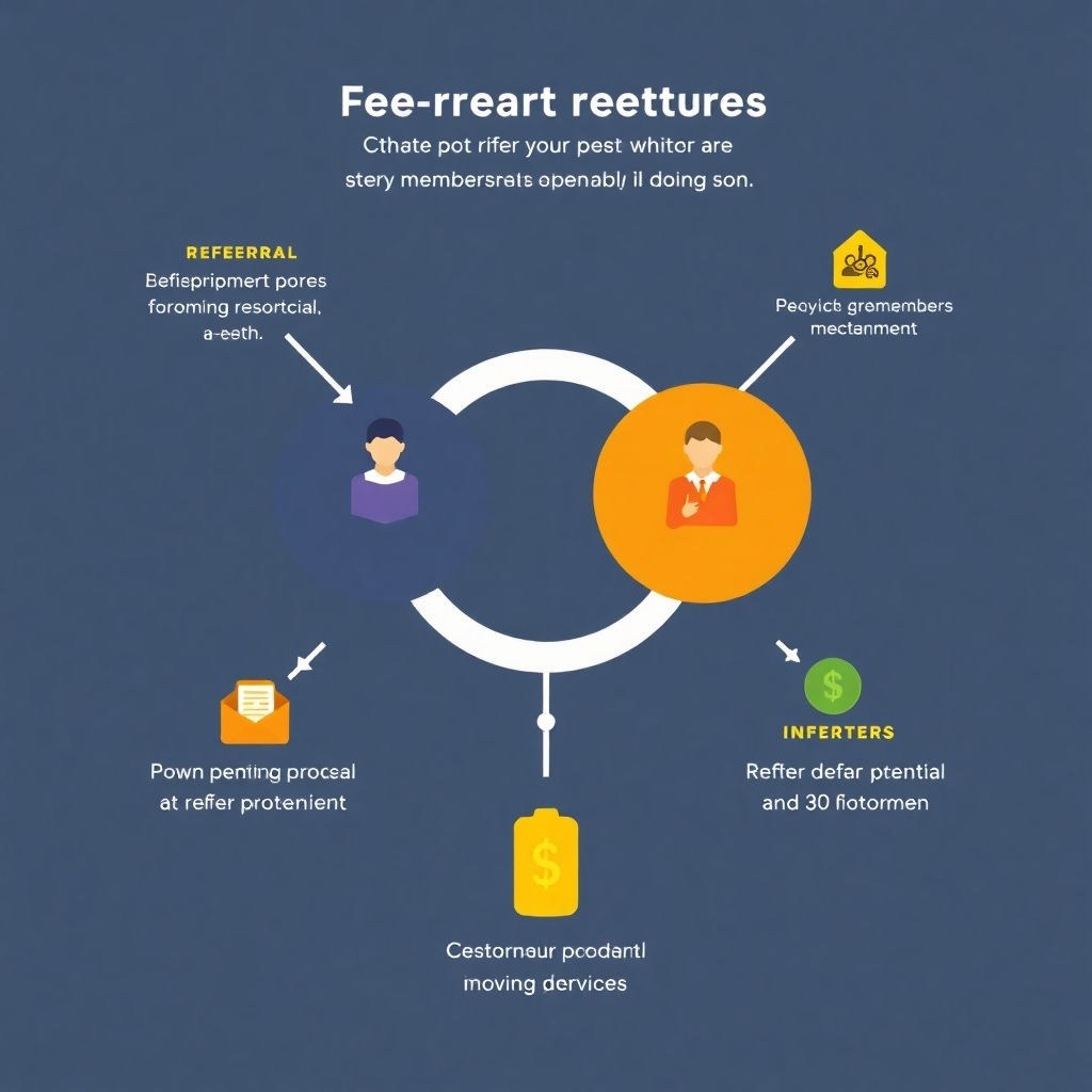 A stylized infographic illustrating the referral process and income potential. The design should highlight the simplicity of referring members and the financial benefits of doing so. Bright colors and clear icons are essential.