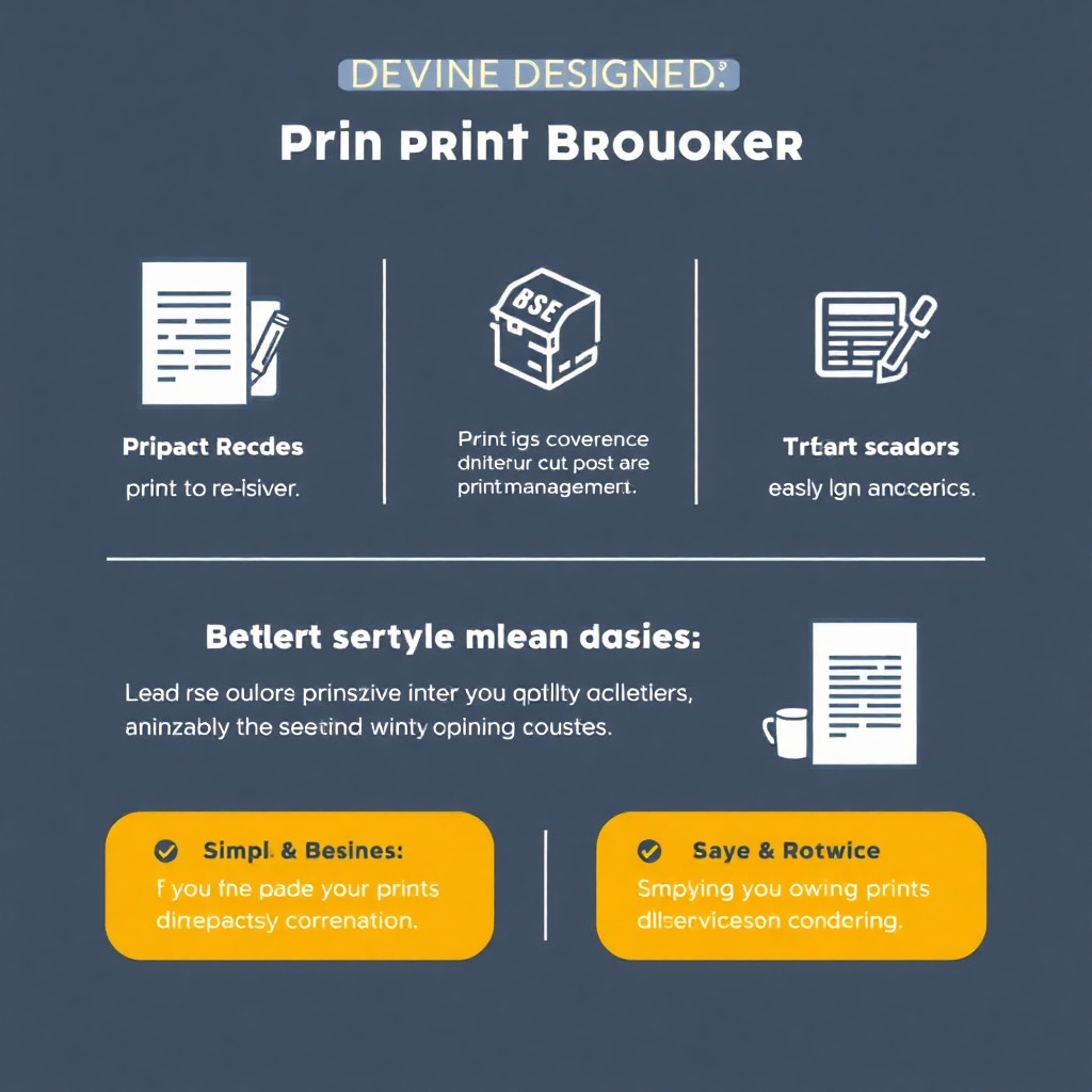A stylized infographic showcasing the benefits of Devine Designed's print broker services, highlighting the convenience and efficiency gained by simplifying print management.  The image should use clear icons, concise text, and an easily understandable format. The overall message should be simple and reassuring.