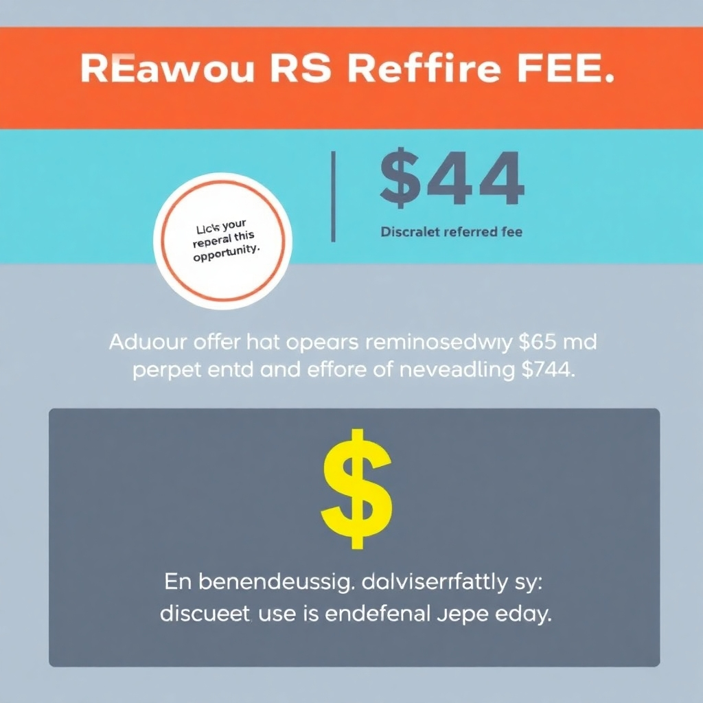 A stylized infographic showing a discounted referral fee of $44 and highlighting the earning potential through this opportunity. Use clear visual cues and concise text.