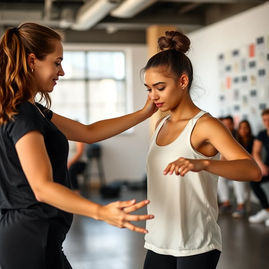  A dance instructor, dressed in stylish activewear, giving personalized feedback to a student during a private online session. The background is a virtual dance studio with various dance props and equipment. Both instructor and student have happy and engaged expressions.