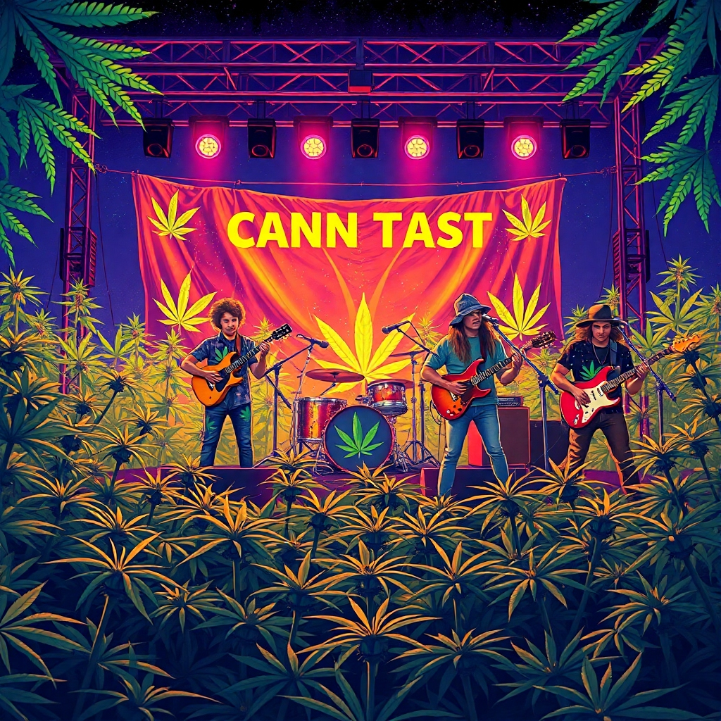 A vibrant, colorful illustration of a band playing live music in a field of cannabis plants. The band members wear clothing and accessories with cannabis leaf designs, and the stage is decorated with hemp banners and psychedelic lighting.